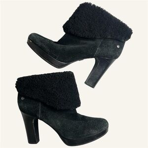 Women’s Vintage Ugg Suede Fur Heeled Black Boots Size 9